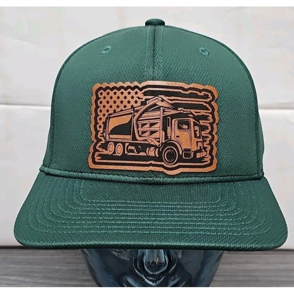 Green Hat Garbage Truck Leatherette Patch Stretch Spandex Headband Cap 6⅞-7⅞ S-M